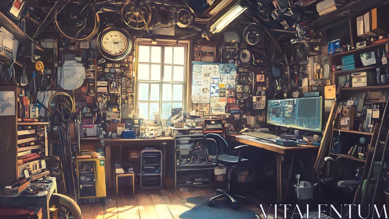 Sunlit workshop studio packed with tools, screens, and notes.