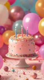 Colorful Birthday Cake with Lit Candles and Balloon Backdrop.