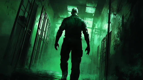 Bald figure walks down decayed green lit prison corridor