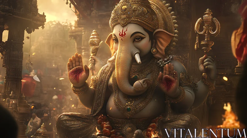 Golden Ganesha idol amid glowing temple incense haze.