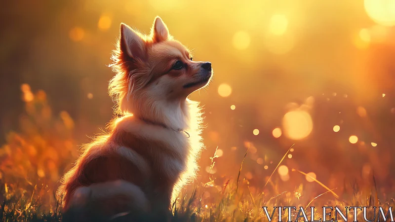 Backlit long-haired dog studies glowing meadow bokeh field