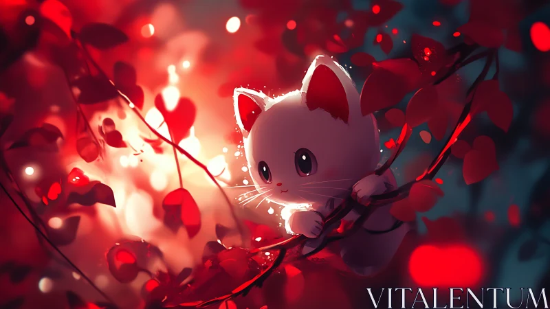 Digital painting of luminous kitten amid scarlet foliage.