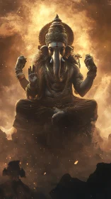 Digital painting of Ganesha in luminous ascendant composition.
