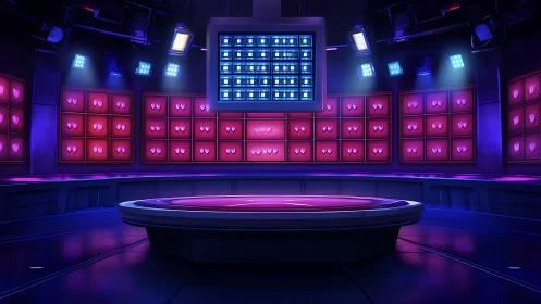 Neon game show arena with digital heart display wall.