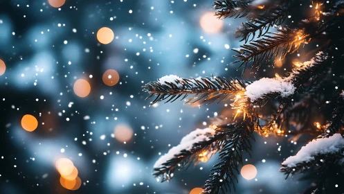 Snow‑dusted fir branches with glowing festive bokeh lights.