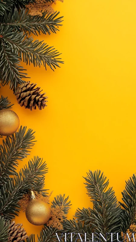 Golden holiday pine branches on bright sunny backdrop.