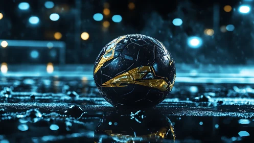 Midnight soccer ball glowing on a rain soaked street.