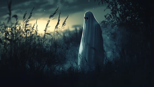 Lonely sheet ghost wanders through a misty twilight meadow