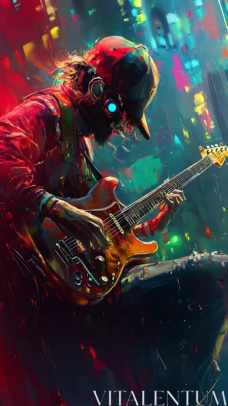 Cyberpunk street guitarist in neon cityscape at night.
