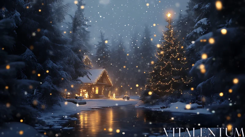 Snowlit riverside cabin wrapped in golden winter hush.
