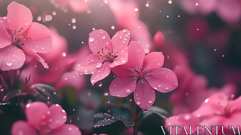 Pink Blossoms Dancing in Dewdrops.