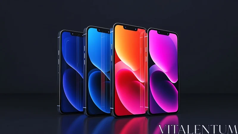 Smartphones Arranged in Cascading Display with Neon Gradient Wallpapers.
