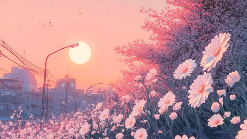 Urban daisies under pastel sunset with cherry blossom diffusion.