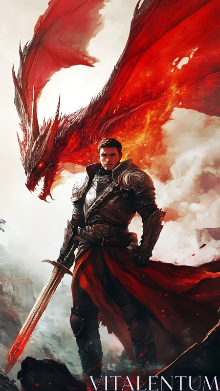 Dragonbound knight in crimson stormlit battlefield stance.