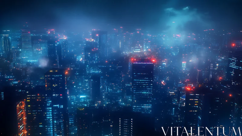 Nocturnal megacity skyline in neon blue volumetric haze.