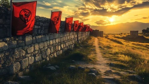 Stone fortress wall lined with red flags at sunset.