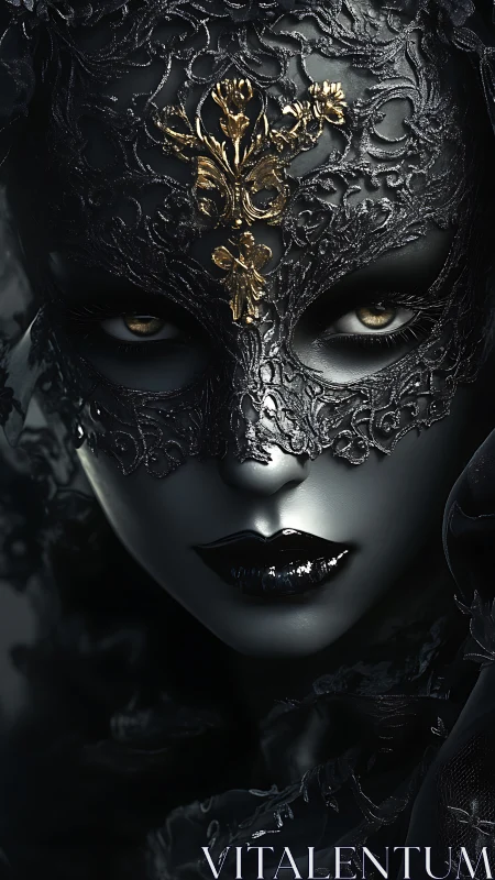 Ornate black lace mask with gold filigree on hyperreal metallic face