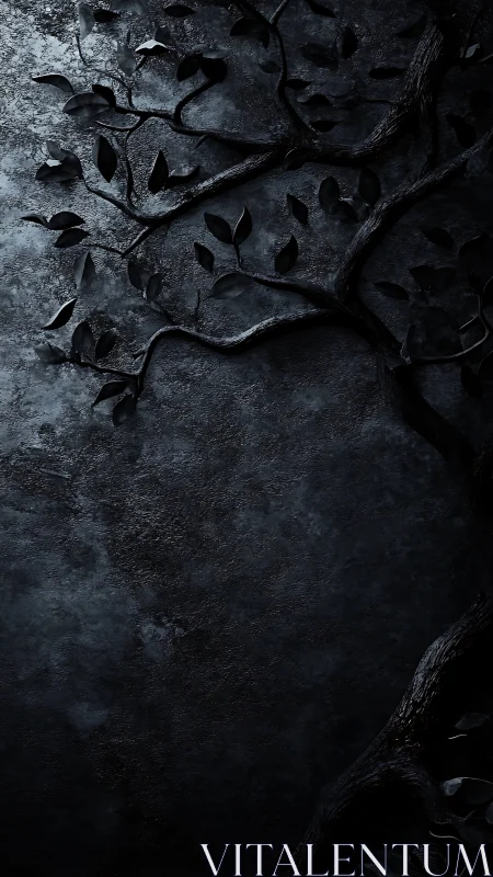 Quiet dark tree curling gently across textured stone wall.