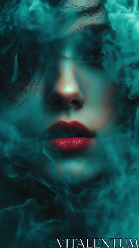 Moody close-up portrait with red lips and teal smoke.