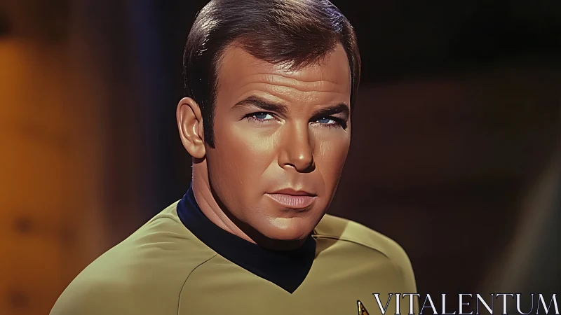 Cinematic close-up portrait of starship officer in golden tunic