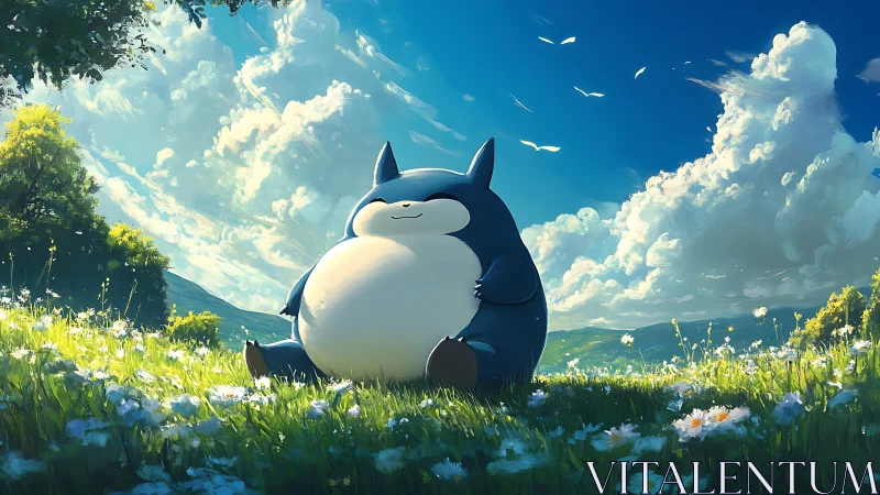 Drowsy meadow guardian naps beneath a sky of sailing clouds