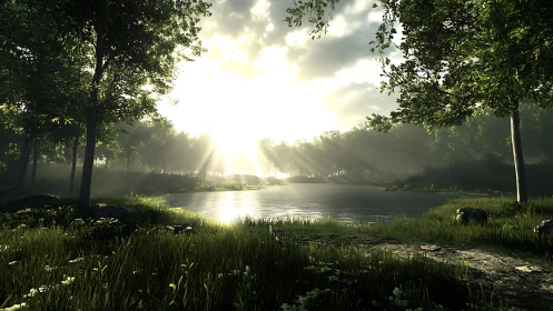 Sunlit forest lake horizon under radiant morning haze.