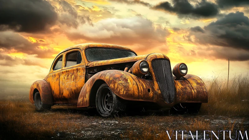 Rust-bitten hot rod rests beneath a storm-streaked sunset sky
