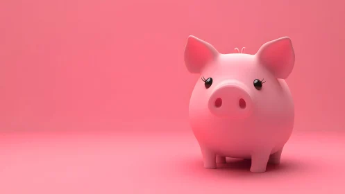 Cute Pink Piggy Bank on Solid Pink Background, Minimalist Style.