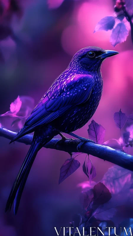 Purple-toned bird on branch in soft blurred foliage background.