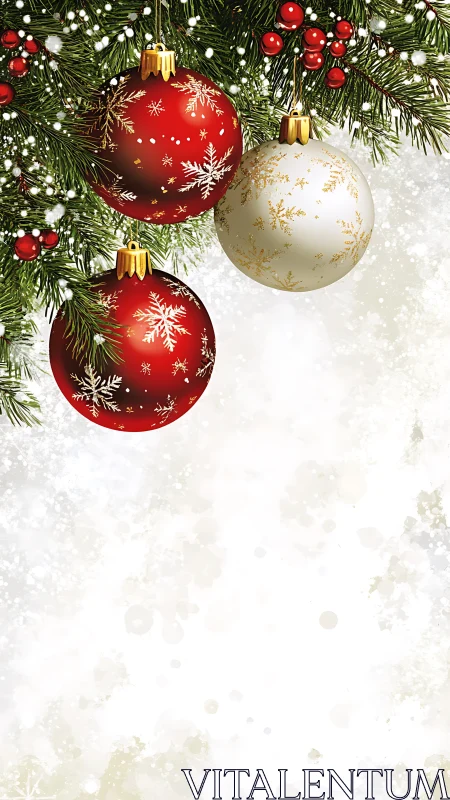 Christmas baubles hanging from evergreen branch background.