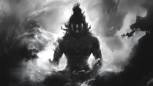 Divine yogic figure in monochrome ethereal smoke composition.