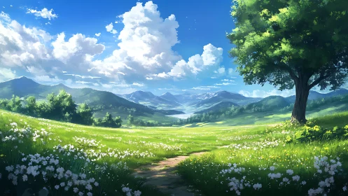 Sunlit alpine meadow rendered in luminous digital landscape art
