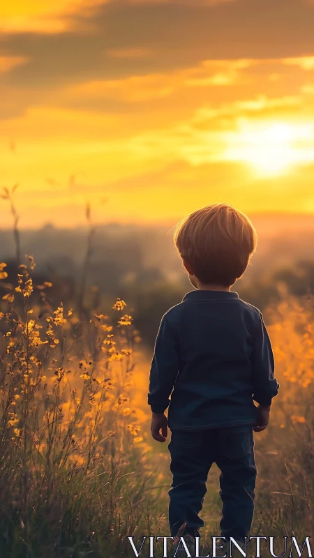 Young child standing in sunset field facing warm horizon.