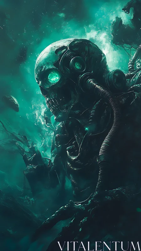 Haunting biomechanical skull gazes through eerie teal mists