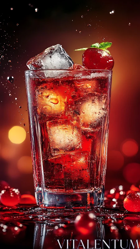 High-Speed Carbonated Cherry Beverage with Dynamic Splashing Crystalline Structure.