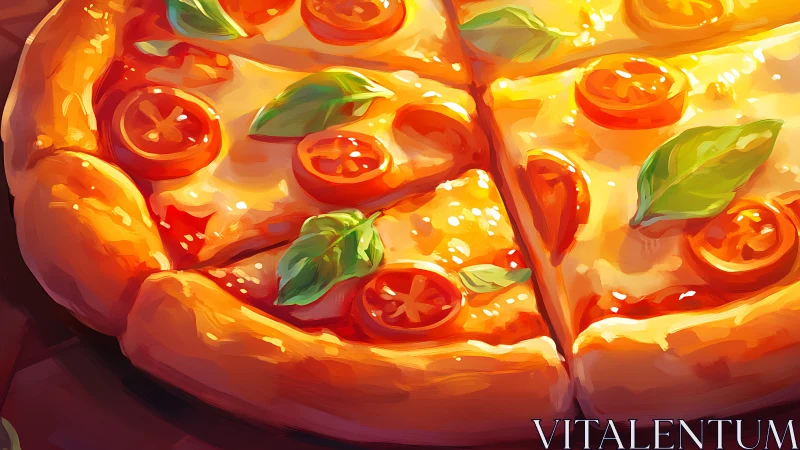 Vibrant digital painting of margherita pizza slices in close-up