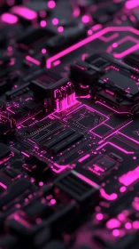 Neon-lit electronic circuit board with abstract components.