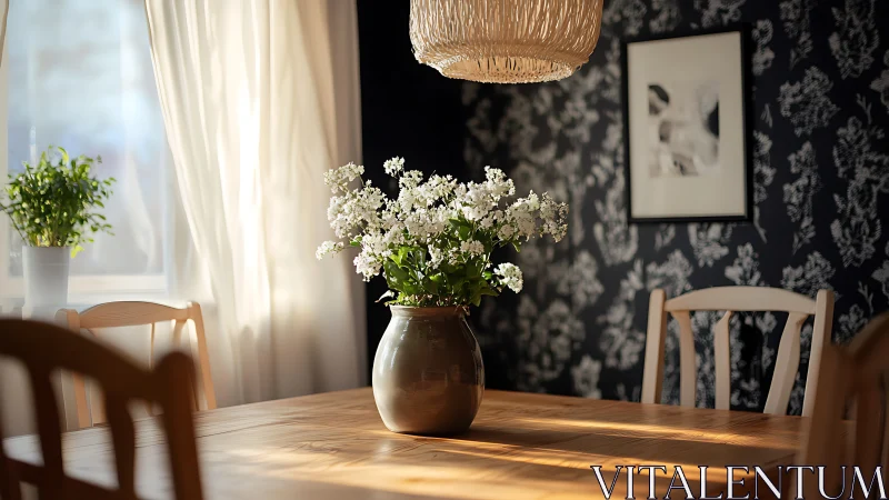 Sunlit dining table with white flowers in ceramic vase.