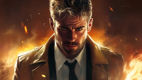 Brooding trench‑coat hero stands amid blazing cinematic fire