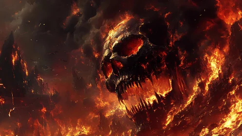 Volcanic inferno skull emerging from pyroclastic firestorm.