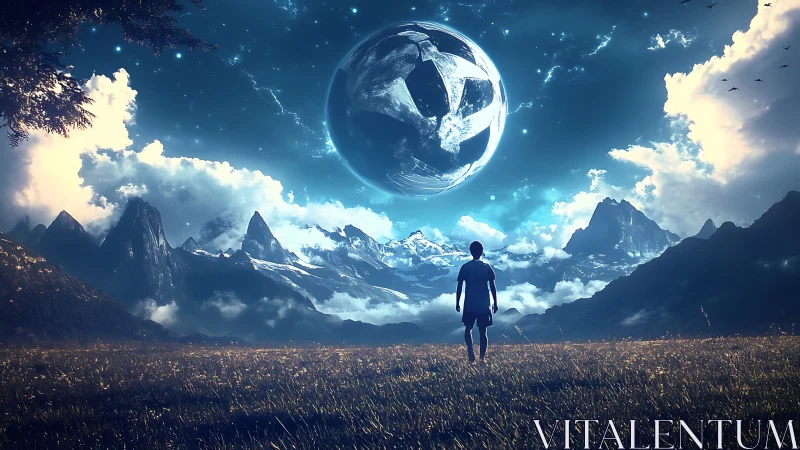 Solitary traveler gazes at colossal fractured planet above.