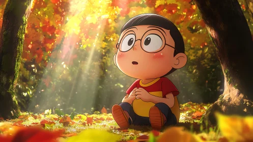 Autumn forest anime child illuminated by soft volumetric sunlight