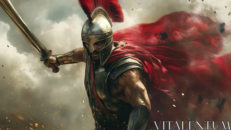 Spartan warrior charging with crimson cape amid battle smoke.