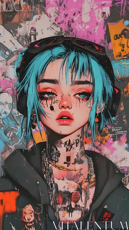 Neon‑haired street rebel framed by wild graffiti dreams.