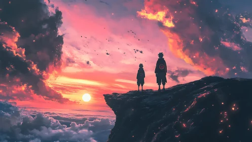 Silhouetted anime figures observe a volumetric sunset sky