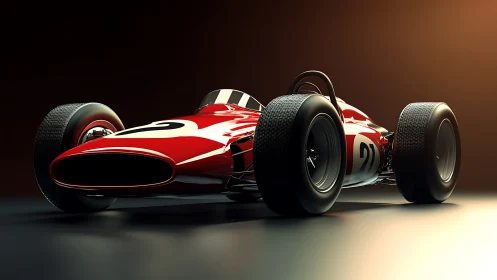 3D-rendered vintage Formula race car with dramatic low-key lighting.