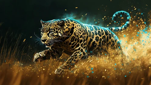 Glowing Leopard Bursts Through Golden Particle Storm.