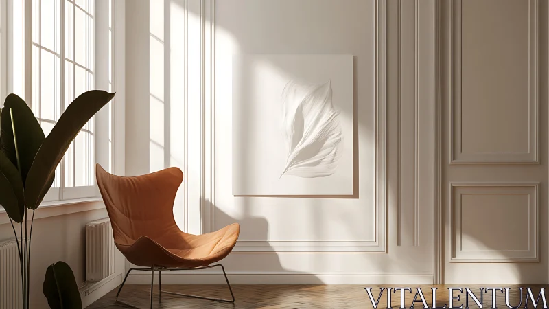 Sunlit modern lounge corner with minimalist feather artwork.