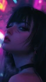 Nocturnal neon gaze of scarred cyberpunk girl portrait.