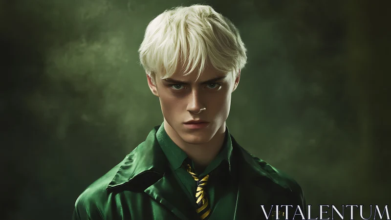 Brooding blond student in dark green uniform portrait.